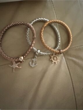 Source Unknown Gold and Silver Nautical Charm Stretchy Bracelet Trio